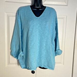 Vintage Y2K Knit Soft Surroundings Shirt Women Large Blue‎ Boxy Cotton Pullover